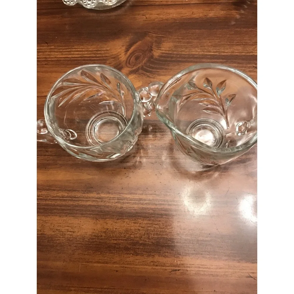 Clear Glass deep cut leaf sugar creamer‎ vintage drape handles